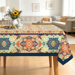 Arquiel Tischdecke Mexiko Boho Kariert, Tischdecken Abwaschbar Rechteckige Tischtuch Vintage Blumen Halloween Fiesta Party Tag Tischdeck Für Garten, Küche Essen Parteien (152X264Cm)