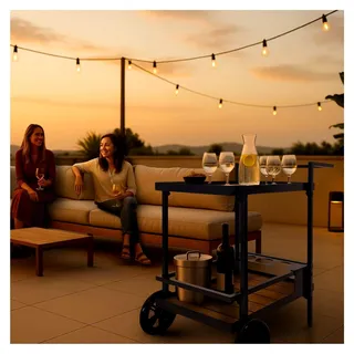 Servierwagen aus WPC und Aluminium – Wetterfester Grillwagen mit Flaschenhaltern – Garten-Beistelltisch mit großen Gummirädern – Mobiler Barwagen 80 cm hoch