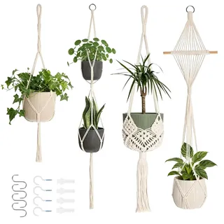 HUKUMA 4er Set Makramee Blumenampel Hängend Innen, Boho Deko Blumenampel Makramee mit Haken, Baumwollseil Blumentopf Hängend mit Quasten, Hängetopf für Zimmer, Garten, Balkon, Fenster
