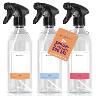 Lavandola® 3x Sprühflaschen 500ml mit Etiketten - gleichmäßiges & feines Sprühbild, dichte & langlebige Sprühflasche für Pflanzen & Autopflege