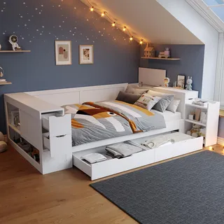 Holzbett 140 x 200 cm mit Schubladen, Regalen, Nachttischen, Stauraum, Lattenrost, MDF, Weiß - Weiß