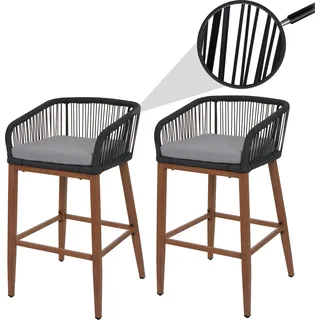 2er-Set Rope-Barhocker HWC-O22, Outdoor Sitzpolster Seilgeflecht Metall Holz-Optik anthrazit, Kissen hellgrau - Braun