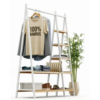 RoyalGrove® Kleiderständer, Kleiderstange, Garderobenständer, 44 x 110 x 160 cm, Garderobe, Schuhablage, offener Kleiderschrank, 7 Ablagen, Schlafzimmer, Flur, Bambus, weiß