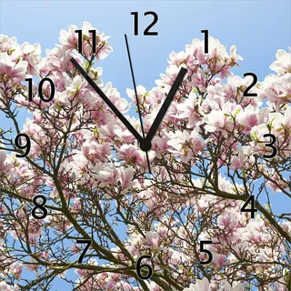 Wallario Design Wanduhr Schöne rosa Magnolien-Blüten vor blauem Himmel aus Echtglas, Größe 30 x 30 cm - Blau