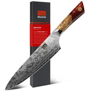 SHAN ZU Damast Küchenmesser Kochmesser, Japanisches Damastmesser aus SG2-Pulverstahl, Handgeschmiedetes Chefmesser aus 91 Schichten Damaststahl, 20CM Profi messer und Ahorngriff – WHITE TIGER Series