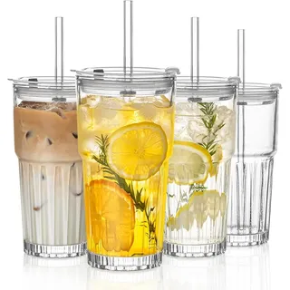 INSETLAN 4 Stück 600ml Modern Glasbecher mit Deckel und Strohhalm, luftdichtes und wasserdichtes Design Becher Glas, ideal als Kaffee, Smoothie,Matcha