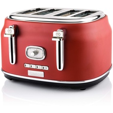 Westinghouse Retro Toaster 4 Scheiben, Abnehmbarer Brötchenaufsatz, 6 Bräunungsstufen, Brotzentrierung, Auftau-, Aufwärm- & Stoppfunktion, Kontrollleuchte, Ausziehbare Krümelschale, rot, WETR4