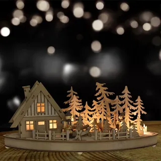 LED Weihnachtsdeko Holzhaus mit Tannen Figuren und Reh Fensterdeko Adventsdeko