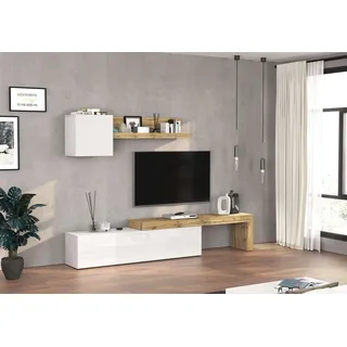 TV-Wand OTTO HOME "Chronos TV-Set, Wohnwand – Elemente frei platzierbar, Made in Italy", weiß hochglanz, eiche wotan, B:270cm H:190cm T:40cm, Kastenmöbel-Sets, TV-Wand, Lowboard B 270 cm, Hängeschrank B 50 cm, Wandregal B 120 cm