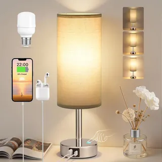 PreeOtti Nachttischlampe Touch Dimmbar, Tischlampe mit USB A+C Ladefunktion, Grauer Lampenschirm aus Stoff, Touch Lampe für Nachttisch Wohnzimmer Schlafzimmer Kinderzimmer Büro(Inklusive Birne)
