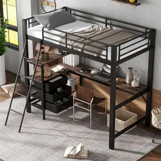 Sweiko Eisenbett, Etagenbett, Geeignet für Kinder und Heranwachsende, Drei Schubladen, Mit 2m langer Tisch, Schräge Leiter mit vier Stufen, Eisen+Spanplatte, Schwarz+Dunkle Walnuss, 90x200cm