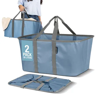 CleverMade Zusammenklappbarer Wäschekorb aus Stoff, faltbar, Pop-Up-Aufbewahrungsbehälter, Organizer, Taschen, groß, rechteckig, platzsparend, mit Tragegriffen, 2 Stück, Denim