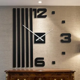 FLEXISTYLE 3D Wanduhren DIY Holz Eiche Lamellen große Wanduhr 100cm Modern Design EKO Wandtattoo Dekoration Uhren für Büro Wohnzimmer Schlafzimmer (XXL shwarz, weiße Zeiger), z230