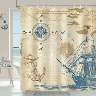 COZZSNUGE Duschvorhang 180 x 180 cm Nautisch, Gelb Anker Kompass Segelboot Vintage Maritim Duschvorhänge Anti-schimmel Wasserdicht Polyester Stoff Badvorhang mit 12 Duschvorhangringen