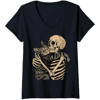 Damen Skelett umarmende Katze Halloween Katzenliebhaber Katze Mama Papa T-Shirt mit V-Ausschnitt