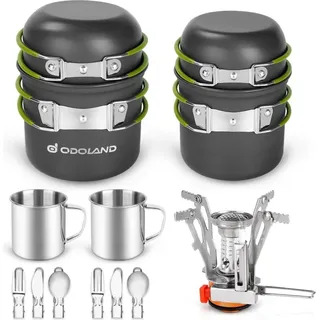 Odoland Camping Geschirr Set 16-teilig für 2 Personen - Outdoor Kochgeschirr Aluminium Edelstahl Töpfe Becher Besteck Mini Kocher