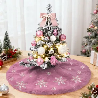 Weihnachtsbaumrock zum Valentinstag Klein Rosa, 60cm Mini Tannenbaum Decke Kunstfell, Christbaumdecke mit silberner Schneeflocken Paillettenstickerei, für Valentinstag für Tisch Mini Weihnachtsbaum