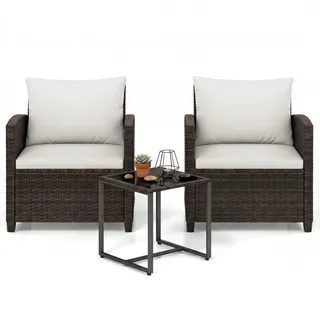 GIANTEX 3-teiliges Gartenmöbel Set, Lounge Balkonmöbel für 2 Personen, 2 Sessel mit Kissen und 1 Couchtisch aus Glas, Terrassenmöbel für Balkon, Terrasse, Garten (Braun Rattan + Beige Sitzkissen)