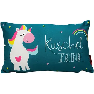 Dekohelden24 Zierkissen - Kuschel Kissen mit Einhorn/Aufschrift - Kuschelzone - L/B/H ca. 40 x 13 x 23 cm, 100% Baumwolle.
