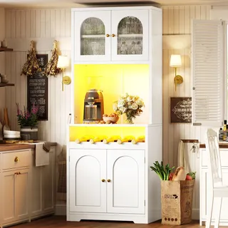 Flieks 180cm Hochschrank mit App-RGB-LED, gewölbte Glastüren, Weinregal, Küchenschränke mit verstellbare Einlegeböden, Sideboard, Weiß - Weiß