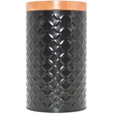 Dekohelden24 Vorratsdose/Keksdose aus Metall in schwarz, Deckel in Holzoptik und geprägtem Muster, Größe H/Ø: ca. 18,5 x 10,5 cm