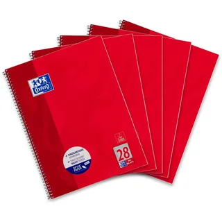 Oxford Collegeblock A4 kariert, mit Doppelrand, 80 Blatt, rot, 5 Stück