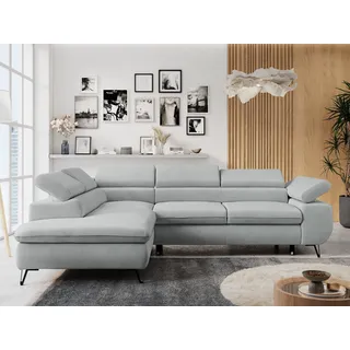 Ecksofa Sofa Grau, Wohnlandschaft L-Form mit Schlaffunktion und Bettkasten, Schlafsofa mit Bettkasten, Sofa mit Einstellbare Kopfstützen, Peter L - Hellgrau Velvet - Links Grau - Hellgrau