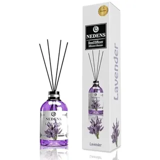 NEDENS Duftstäbchen Mikado 110 ml – Raumduft mit 4 Bambusstäbchen, langanhaltender Duft, dekorative Glasflasche, Intensität regulierbar, ideal für Wohnzimmer, Bad, Flur & Büro (Lavendel)