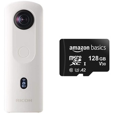 Ricoh Imaging Theta SC2 WEIß, 360°-Kamera mit Bildstabilisierung, hohe Bildqualität, High-Speed Datentransfer, Nachtaufnahmen mit geringen Bildrauschen & Amazon Basics - MicroSDXC, 128 GB, Schwarz