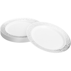 MATANA 20 Premium Weiße Dessertteller aus Plastik mit Silberrand, 19 cm - Elegant, Stabil & Mehrweg - Kleine Teller für Hochzeiten, Geburtstage, Taufen, Grillabende, Weihnachten, Partys