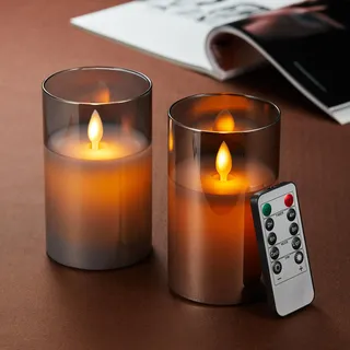 LED Kerzen 2 Stück, Flammenlose Kerzen Flackern, LED Kerzen Flackernde Flamme mit Glas, LED Kerzen mit Fernbedienung,Echtwachssäule Kerzen, Batteriebetriebene Kerzen mit 24 Stunden Timer(12.5cm-Grau)