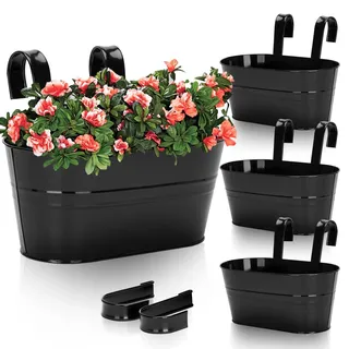 KINGLAKE 4 Stück 27CM Blumentöpfe zum Aufhängen Hängend,Schwarz Blumentopf Metall,Große Hängetopf mit Abnehmbarem Haken und Loch, für Balkon, Zäune, Fenster, Geländer-27X 22X 12cm