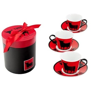 DRW Kaffee-Set, 6 Tassen mit roter und schwarzer Stieruntertasse, 8 x 6 x 5 cm, Keramik, Taza 8x6x5 cm