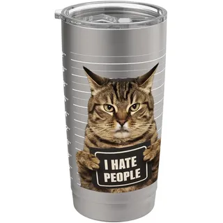 Lustiges Fahndungsfoto einer verhafteten kriminellen Katze Ich hasse Menschen, Katzenliebhaber Doppelwandiger Edelstahl-Thermobecher