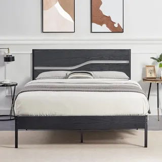 VECELO Bettgestell 140 x 200 cm Bettrahmen mit Dick Holzkopfteil, Doppelbett Metallbett mit Lattenrost, Modern Gästebett Jugendbett, Perfekt für Erwachsene und Jugendliche, Schwarz