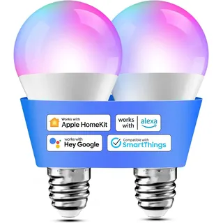 meross Glühbirne E27 LED WiFi kompatibel mit HomeKit, Siri, Alexa, 2St | Smart Glühbirne mit Google Home und SmartThings, RGBWW Dimmbar, 2700~6500K, für lampe, Tisch- und Stehlampen, 9W