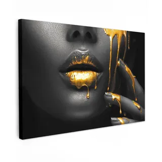 MuchoWow Leinwandbild Frau - Schwarz - Gold - Gesicht - Lippen XXL 150x100 cm , Goldfarben , Textil , Kiefer , Rechteckig , 150x100 cm , FSC 100% , gerahmt , Bilder & Rahmen, Bilder, Leinwandbilder