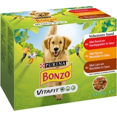 Bonzo Adult Hundefutter Mahlzeitbeutel Nassfutter, mit Rind & Kartoffeln, Huhn & Karotten, Lamm & Karotten in Sauce 12 X 100g - 4er Box (48 Mahlzeitenbeutel; 4,8kg)