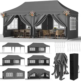 Pavillon - Faltpavillon Partyzelt - 3x6 m Wasserdicht - 6 Seitenwände, komplett geschlossen - UV 50+ - Höhenverstellbar 2–3 m - Aluminiumrahmen - Dunkelgrau