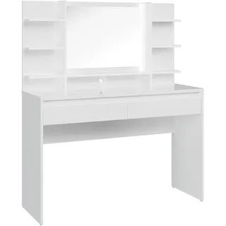 Forte Layton Schminktisch 120, minimalistische Schminkkonsole mit Spiegel, 2 Schubladen und Dekoregal, Schlafzimmmer, Holzwerkstoff, Weiß Hochglanz, 120,1 cm breit x 141 cm hoch x 42 cm tief
