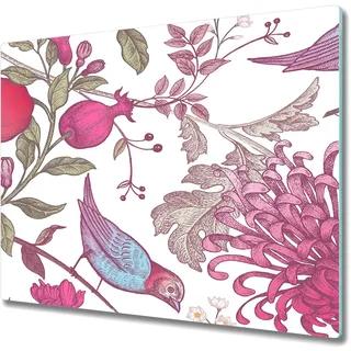 Küche Schneidebrett - Glas Schneidebrett - Herd Abdeckung - 60x52 - Granatapfel Vögel Blumen