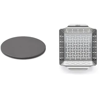 Weber glasierter Pizzastein klein, rund, 26 cm 18413 Schwarz & 6481 Deluxe Gem sekorb 19x24 cm, Grillkorb, f r Fisch, Fleisch und Gem se, aus Edelstahl