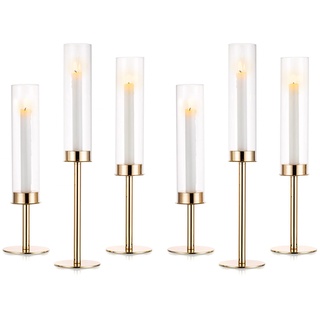 NUPTIO Kerzenständer Glaszylinder für Kerzen Gold: 6 Stücke Hochzeit Kerzenhalter Glas Stabkerzen Metall Groß Bodenlosen Zylinder Kerzen Windlicht Party Tisch Tafel Tafelaufsatz Esszimmer Deko