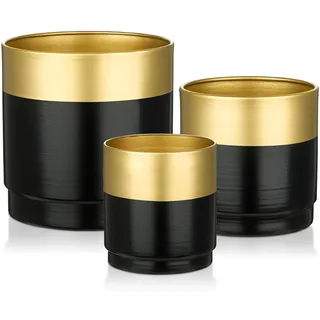3er Set Blumentöpfe aus verzinktem Stahl perfekt für Moderne Dekoration und Pflanztöpfe, Dekorativen Zink Töpfen drinnen und draußen, Gold-Schwarz