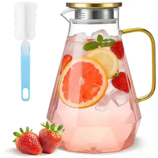 2 Liter Glaskaraffe aus Borosilikatglas mit Edelstahldeckel, Auslaufsicher, Wasserkaraffe für Kühlschranktür, Ideal für Eistee, Kaffee, Saft & Wasser - Elegantes Diamond Design