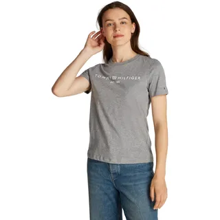 Tommy Hilfiger Damen T-Shirt Kurzarm Logo Rundhalsausschnitt, Grau (Mid Grey Heather), XL