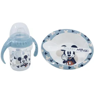Disney Minnie Maus Geschenk-Set für Kinder, aus BPA-freiem Kunststoff und Silikon, mit Babyflasche, Schüssel und Löffel, waschbar und wiederverwendbar, Blau