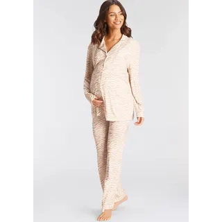 Umstandspyjama LASCANA, Damen, Gr. 44/46, beige (beige, gemustert), Single Jersey, Obermaterial: 95% Viskose, 5% Elasthan, gemustert, sehr bequem lang, V-Ausschnitt, eingesetzt Manschette, Homewear-Sets Umstandspyjama, mit Knopfleiste und Raffung an der Seitennaht