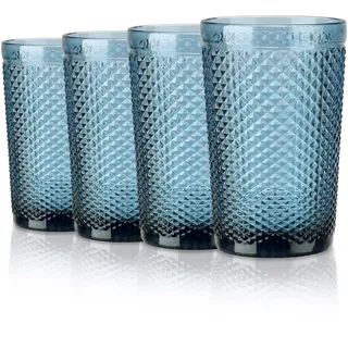 Joeyan 350ml Blau Trinkgläser Set von 4,Bunt Wassergläser Set mit Diamant Relief,Vintage Gläser Set for Zuhause Restaurant Bar,Spülmaschinenfest
