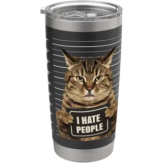 Lustiges Fahndungsfoto einer verhafteten kriminellen Katze Ich hasse Menschen, Katzenliebhaber Doppelwandiger Edelstahl-Thermobecher